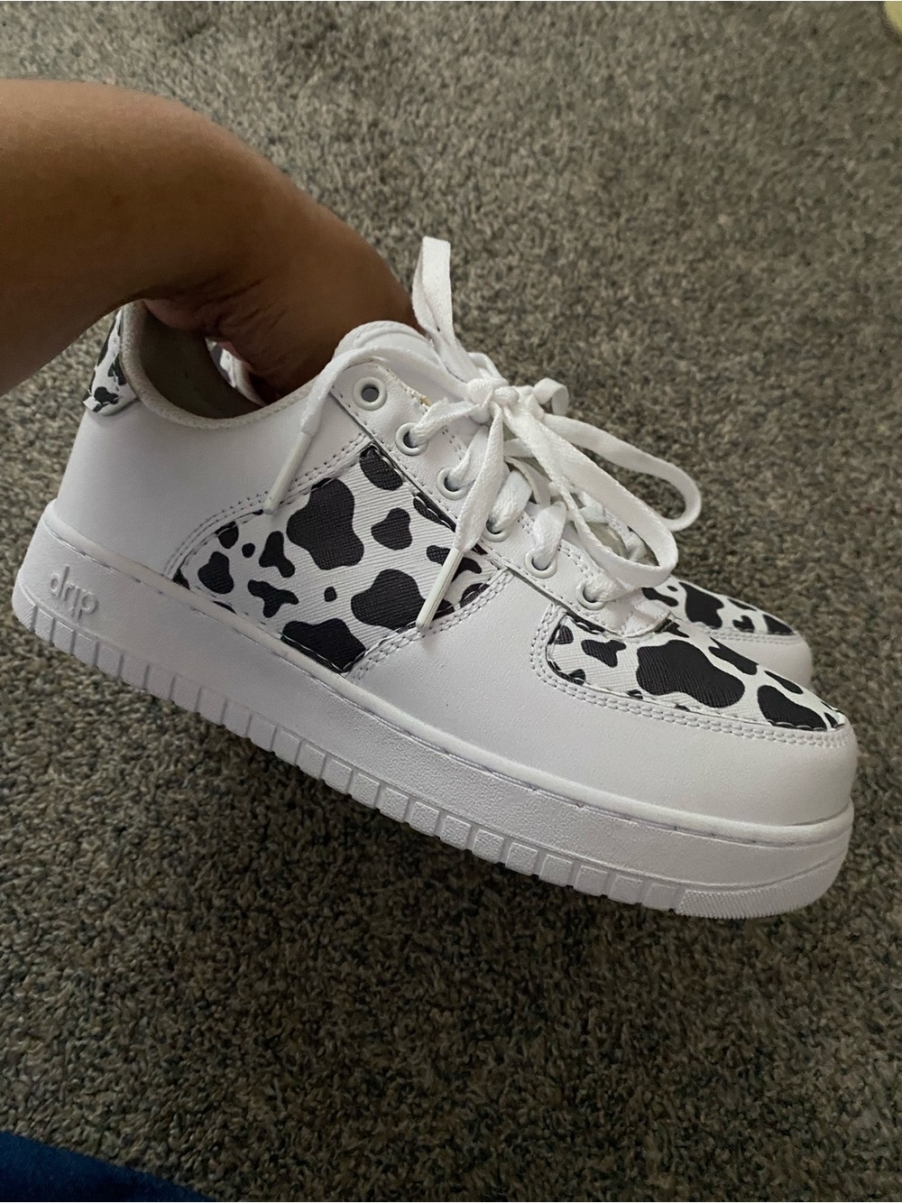Womens White Sneakers with Black Cow Print Accent - size 6.5